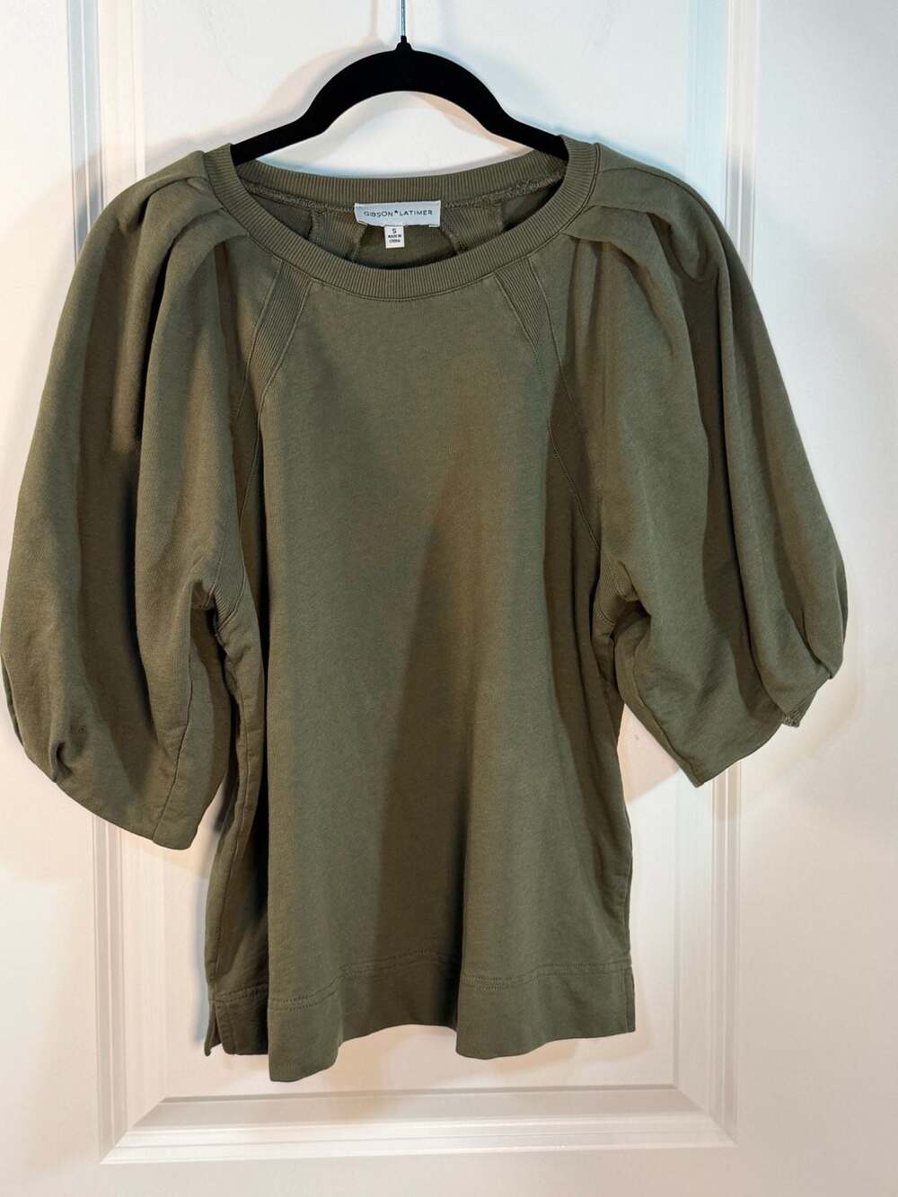 Gibson Latimer Olive Green Puff Sleeve Sweatshirt Top Size S